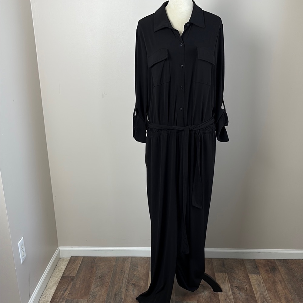 Chicos Travelers Jumpsuit Roll Up‎ Sleeves Tie Belt Waist Black Size 18P